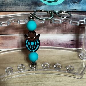 Turquoise Beaded Keychain with Cowboy Hat Charm